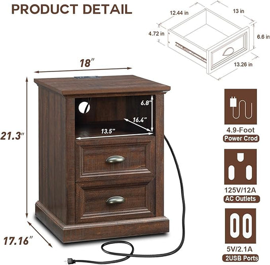 21" Tall Nightstand with Charging Station, Farmhouse 18" Wide End Table with 2 Storage Drawers, Wood Rustic Side Table w/Open Shelf for Bedroom, Living Room, Closet, Brown
