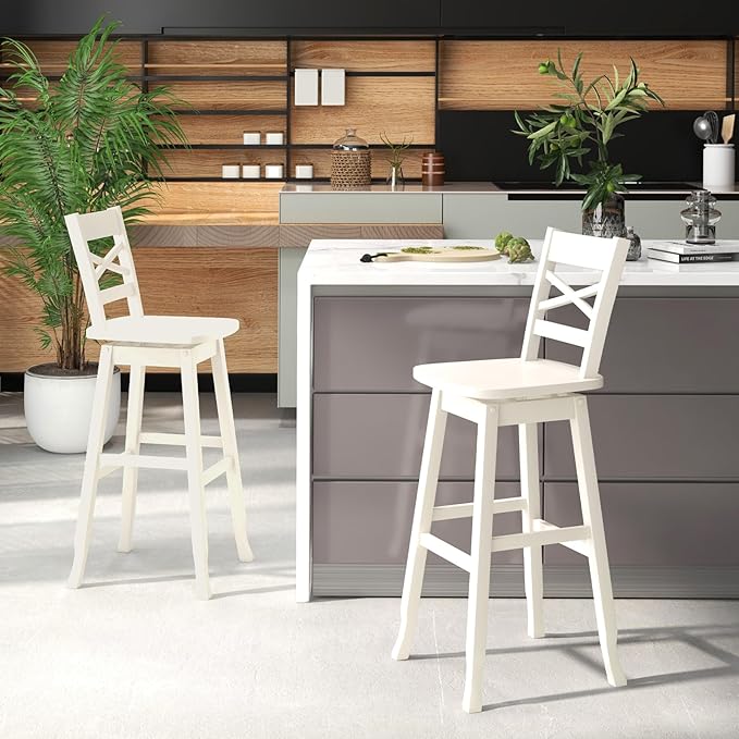 COSTWAY 30-Inch Bar Height Stool Set of 4, Rubber Wood Swivel Bar Stool with Inclined Backrest, Curved Seat & Footrest, Bar Chair for Kitchen Island & Pub (4, Cream)