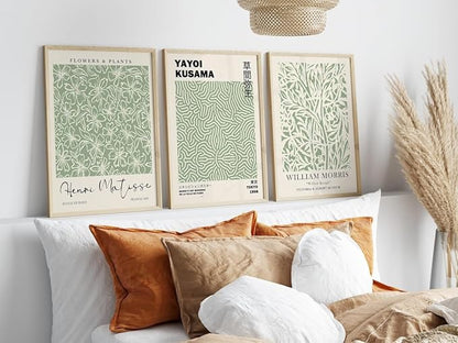 HesenDot Matisse Sage Green Wall Art Set of 3,William Morris Wall Art Decor,12x16IN Truly Quality Canvas Wall Art Pictures,Yayoi Kusama Print, Unframed Fabric wall art,Art poster decoration for