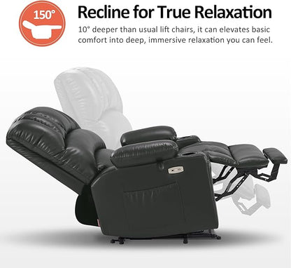 MCombo Oversized Power Lift Recliner Chair for Elderly, Lift Chair with Heat and Massage, Lift Recliner for Big and Tall, Cup Holders, USB &Type C Ports, Faux Leather R7092 (Grey, Oversize)