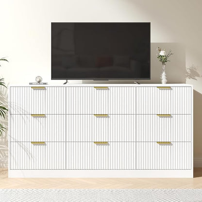 White Dresser for Bedroom with 9 Drawers, 63” Wide White Fluted Dresser Modern Chest of Drawers with Gold Handles, Wooden TV Stand Storage Organizer for Bedroom, Living Room