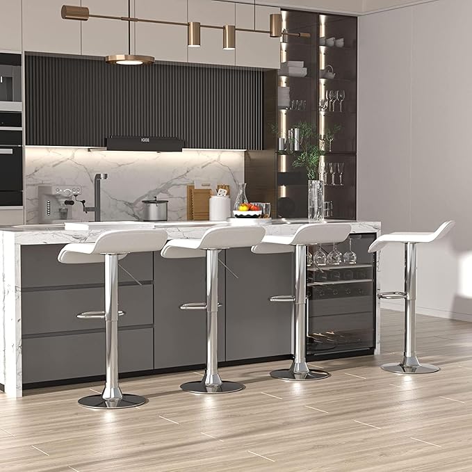 VECELO Bar Stools Set of 4, Armless Adjustable Swivel Barstools, Modern Backless Counter Height Stools for Kitchen, Island, Bar, White