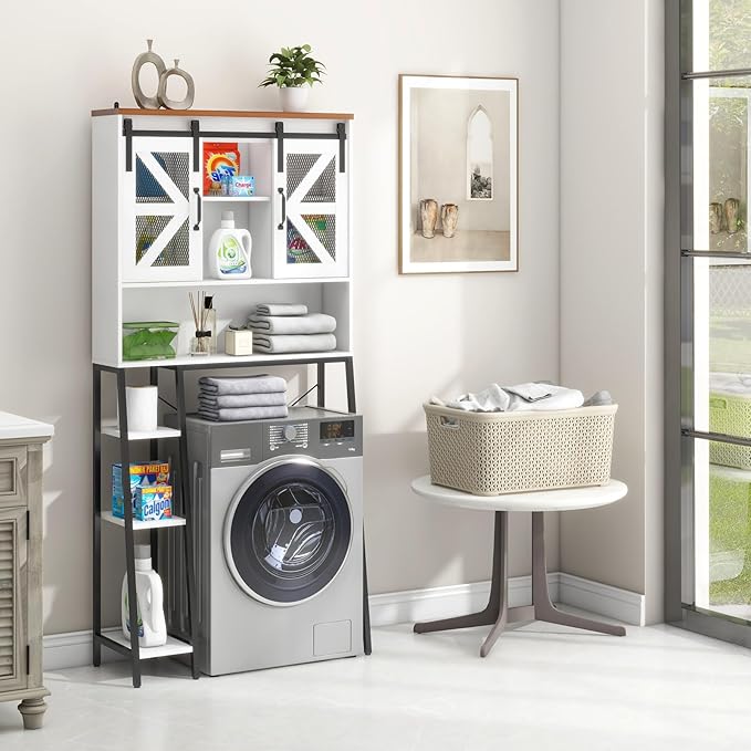 Vabches Over The Toilet Storage Cabinet, Farmhouse Storage Cabinet Over Toilet with Sliding Barn Door，Home Space-Saving Toilet Rack, for Bathroom, Restroom, Laundry