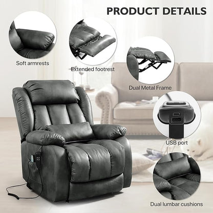 EDILLY Extra Large Power Lift Recliner Chairs for Elderly,Infinite Position Lay Flat Dual Motor Recliners Chair,with Heating and Massage, Breathable Leather,USB Ports and Remote Control(Silver Gray)