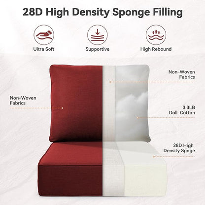 Luxury 6" Outdoor Cushions for Patio Furniture, 24x24x6" Thick Seat Cushion Set of 2, Fade Resistant Couch Chair Replacement Cushions High Density Deep Wicker Chair Cushion w/ Removable Cover, Red