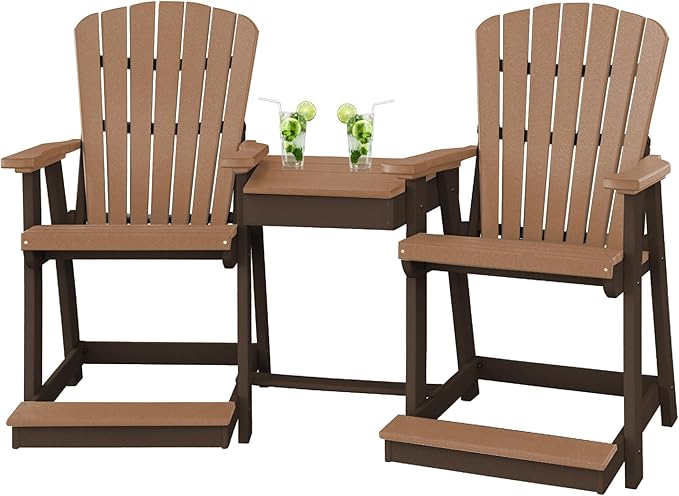 DutchCrafters Plastic Poly Outdoor Bistro Set with 2 Chairs and Attached Center Table, 3 Piece Patio Furniture Set - Amish Made in USA (Tudor Brown & Cedar)
