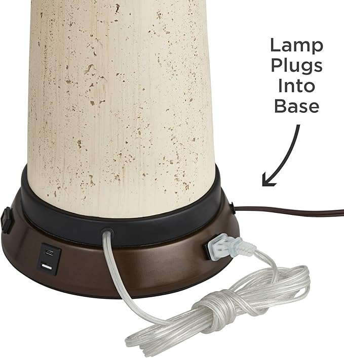 Possini Euro Design Cosgrove Mid Century Modern Coastal Table Lamp with USB and AC Power Outlet Workstation Charging Base Oval 32.75" Tall White Ceramic Beige Fabric Drum Shade for Living Room