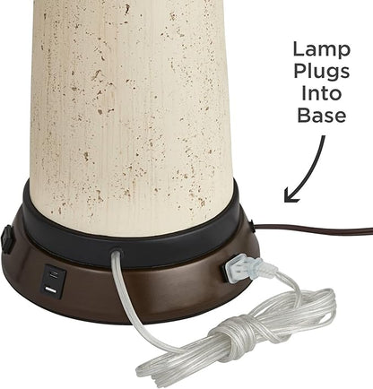 Possini Euro Design Cosgrove Mid Century Modern Coastal Table Lamp with USB and AC Power Outlet Workstation Charging Base Oval 32.75" Tall White Ceramic Beige Fabric Drum Shade for Living Room