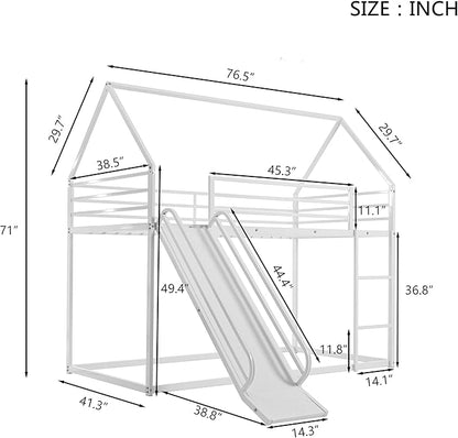 Twin Over Twin Metal Floor Bunk Bed with Slide,Metal Junior House Twin Size House Bunk Bed Frame with Ladder & Roof for Boy Girl, No Box Spring Needed,Low Bunk Bed Frame with Convertible Slide