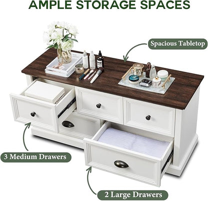 Farmhouse 5 Drawers Dresser for Bedroom, 45" Wide Chest of Drawers, 21" Tall Storage Closet Bench Storage Chest Storage Trunk, Wood Rustic Dresser for Closet, Living Room, Hallway, White