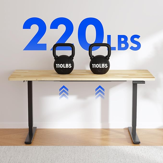 FLEXISPOT E3 Solid Wood Dual Motor Standing Desk 63x24 Inch Whole-Piece Board Electric Height Adjustable Stand Up Desk (Black Frame + Rubber Wood Desktop)