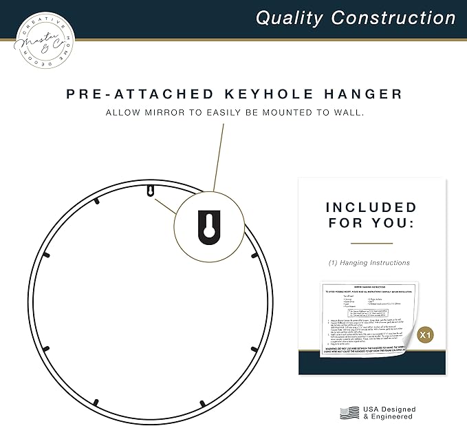 MCS Master & Co. 37.75in Round Metal Black Mirror, Modern Wall Hanging Large Mirror for Bathroom, Bedroom & Livingroom