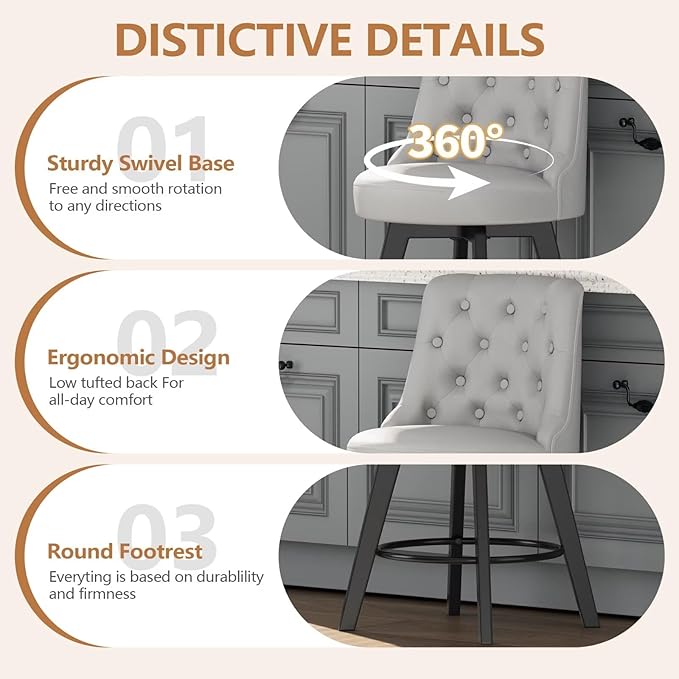 MINCETA Set of 2 Upholstered Bar Stools - 26 Inch Swivel Counter Height Stools with Low Tufted Back, Footrest & Performance Fabric - Round Seat for Kitchen Island & Home Bar Light Gray