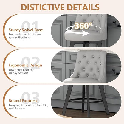 MINCETA Set of 2 Upholstered Bar Stools - 26 Inch Swivel Counter Height Stools with Low Tufted Back, Footrest & Performance Fabric - Round Seat for Kitchen Island & Home Bar Light Gray
