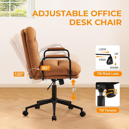 Furniliving Leather Home Desk Chair, Comfortable Executive Office Chair with Wheels, Ergonomic Computer Task Chair Adjustable Height, Brown