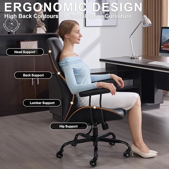 Home Office Desk Chair, Ergonomic High Back Leather Computer Chair with Lumbar Support, Adjustable Height & Recline, Swivel Executive Office Chair with Armrests and Rubber Casters, Black