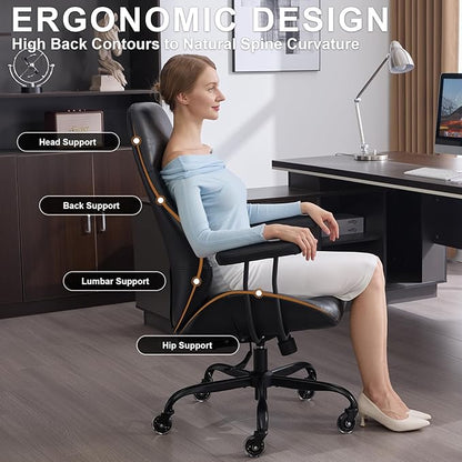 Home Office Desk Chair, Ergonomic High Back Leather Computer Chair with Lumbar Support, Adjustable Height & Recline, Swivel Executive Office Chair with Armrests and Rubber Casters, Black