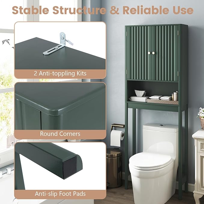 Tangkula Over The Toilet Storage Cabinet, Bathroom Space Saver with Fluted Doors Adjustable Shelf & Bottom Bar, Freestanding Above Toilet Storage Cabinet Organizer for Laundry, Restroom (Forest Green)