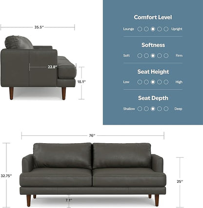 SIMPLIHOME Livingston 76-inch Wide Sofa in Coal Top Grain Genuine Leather, Handcrafted Mid-Century Modern Loveseat for Living Room, Compact 2-Seater with Feather-Wrapped Cushions and Solid Wood Frame