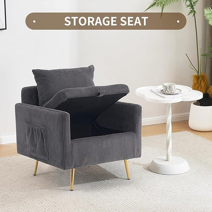 Furnimart Storage Accent Chair with Arm, Mid-Century Corduroy Sofa Chair with Removable Cushion, Reading Chair for Bedroom, Living Room, Apartment, Gray