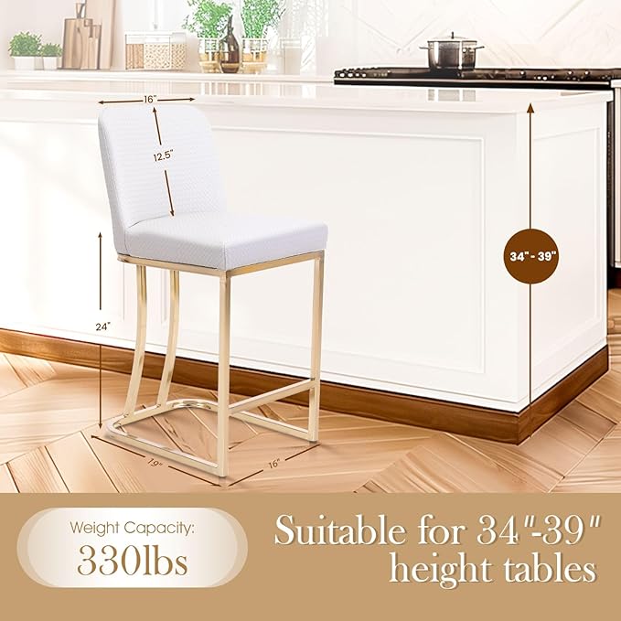 Sophia & William Bar Stools Set of 4, Counter Height Creamy White & Gold Bar Stools with Back, 24 Inch