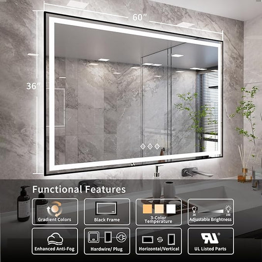 LED Mirror, 60x36 Inch Black Framed Gradient Front and Backlit Bathroom Mirror Black Frame, 3 Colors Dimmable CRI>90, IP54 Enhanced Anti-Fog Wall Mounted Bathroom Vanity Mirror