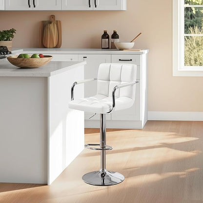 Yaheetech Bar Stools, PU Leather Adjustable Swivel Barstools, Hydraulic Kitchen Counter Height Bar Chairs with Armrest and Back for Bar, Kitchen, Dining Room, White