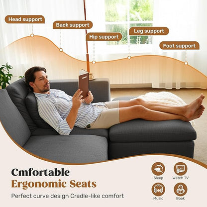 115" Cloud Boneless Sectional Couch, Deep Seat L Shaped Modular Couch with Ottoman, Oversized Upholstered Convertible 4 Seater Modular Sofa for Living Room,DarkGary Chenille