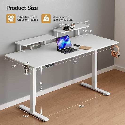 ONBRILL Standing Desk with 2 Adjustable Monitor Shelves, 63 x 24 Inch Electric Stand Up Desk with Memory Controller and Adjustable Height from 28-46 inches for Computer Workstations, All White
