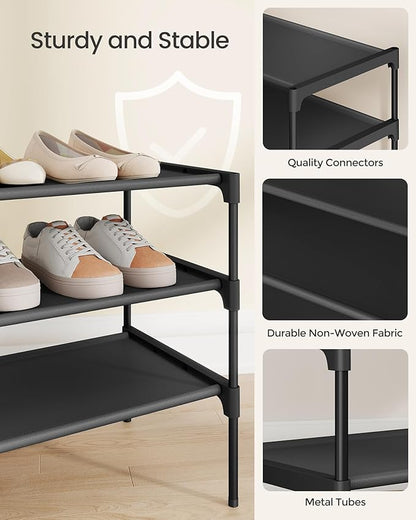 SONGMICS Shoe Rack, 3-Tier Shoe Storage Organizer, Space-Saving, 11.6 x 24.5 x 21 Inches, Entryway, Metal Frame, Non-Woven Fabric Shelves, Ink Black ULSH023BH01