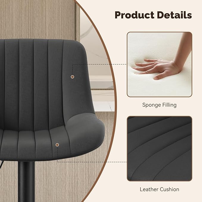 Nalupatio Bar Stools Set of 2, Adjustable Modern Swivel Bar Stools with Backs, Counter Height Performance Fabric Island Chairs for Home Kitchen, Black