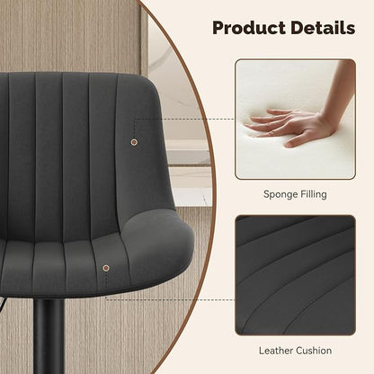 Nalupatio Bar Stools Set of 2, Adjustable Modern Swivel Bar Stools with Backs, Counter Height Performance Fabric Island Chairs for Home Kitchen, Black