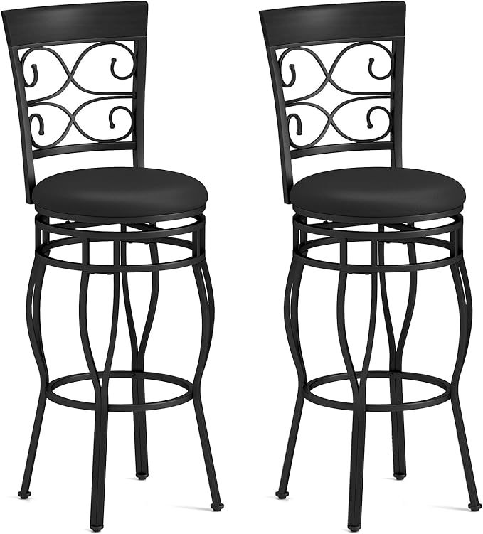 Giantex 30" Swivel Bar Stools Set of 2, Bar Height Bar Stools with Back, Upholstered PU Leather Seat, Footrest, Max Load 330Lbs, Vintage Metal Barstools for Kitchen Island, Dining Room, Pub, Black