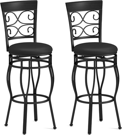 Giantex 30" Swivel Bar Stools Set of 2, Bar Height Bar Stools with Back, Upholstered PU Leather Seat, Footrest, Max Load 330Lbs, Vintage Metal Barstools for Kitchen Island, Dining Room, Pub, Black