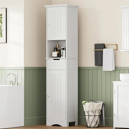 ChooChoo 67" Tall Bathroom Storage Cabinet, Narrow Bathroom Cabinet with 2 Doors and 1 Drawers, Freestanding Cupboard Floor Cabinet with Adjustable Shelves for Living Room, Kitchen, White