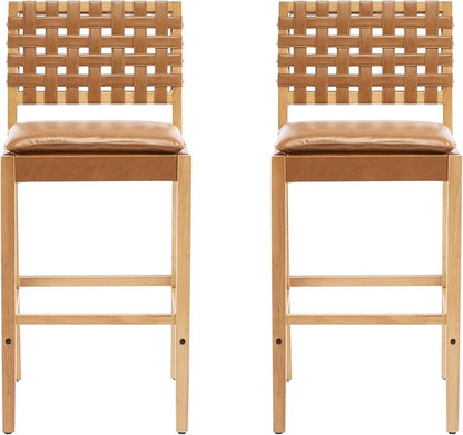 Christopher Knight Home Caitlyn lndoor Barstool Set of 2, Counter Height Stool with Footrest/Backrest for Bar Table, Natural Rubberwood Frame with Faux Leather Upholstery Counter Stool, Brown+Natural