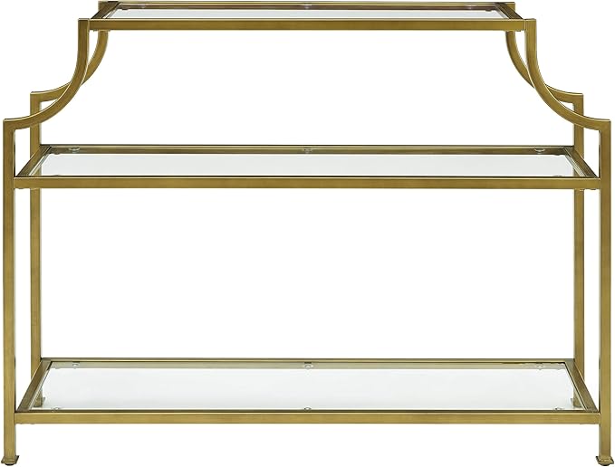 Crosley Furniture Aimee Sofa Console Table with Storage Shelves for Hall, Entryway, or Living Room, Gold and Glass