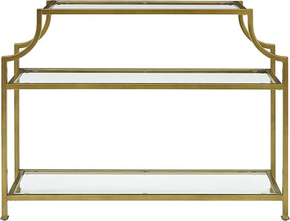 Crosley Furniture Aimee Sofa Console Table with Storage Shelves for Hall, Entryway, or Living Room, Gold and Glass