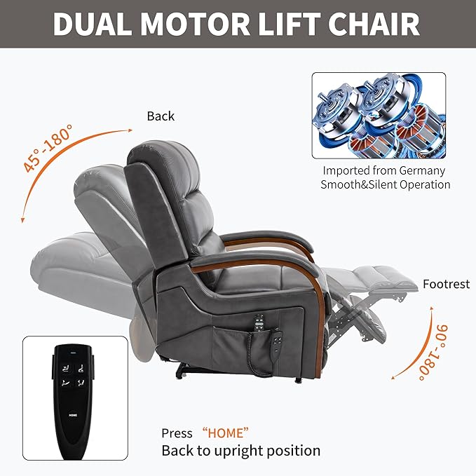 Dual Motor Recliner Lift Chair with Heat and Massage, Heavy Duty Leather Power Lift Recliner Chair Idea Gifts for Seniors, Stand Assistance, Grey