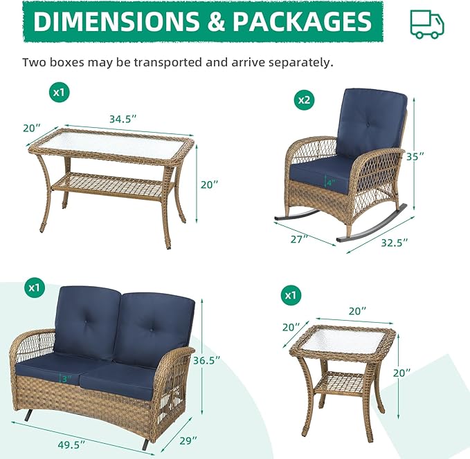 VIVIJASON 5-Piece Outdoor Patio Wicker Conversation Sets, All Weather Outdoor Rattan Furniture Set Includes Glider Loveseat, 2 Coffee Table, 2 Rocking Chairs with Cushions for Backyard, Navy Blue