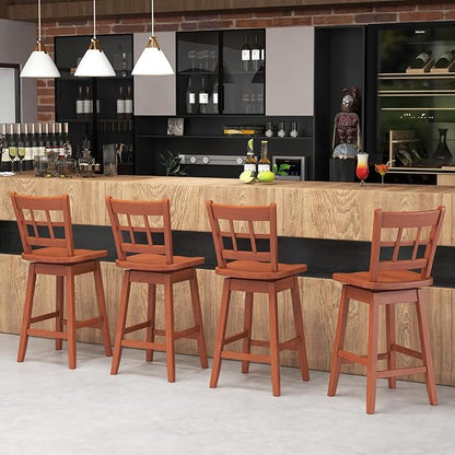 COSTWAY Swivel Bar Stools Set of 2, 24.5 Inch Counter Height Bar Chairs w/Hollow Backrest & Contoured Seat, Wooden Barstools w/Footrest for Kitchen Island, Pub, Bistro, Cafe (2, Walnut)