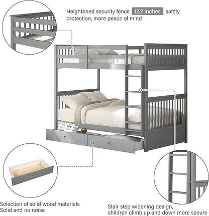 Merax Wood Bunk Bed with Drawers,Convertible Wood Bunk Bed with Ladders and Two Storage Drawers,Solid Wood Detachable Bunk Bed Frame with Ladders,Twin Over Twin Size,Grey
