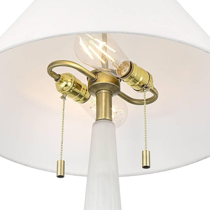 Possini Euro Design Regina 33" Tall Large Modern Glam End Table Lamp 2-Light Pull Chain White Finish Glass Single Fabric White Shade Living Room Bedroom Bedside Nightstand House Office Home Reading
