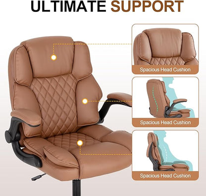 Office Desk Chair,Mid Back Executive Leather Chair,Ergonomic Home Computer Chair,Modern Conference Room Chairs with Adjustable Flip-Up Arms and Rocking Function (Brown)