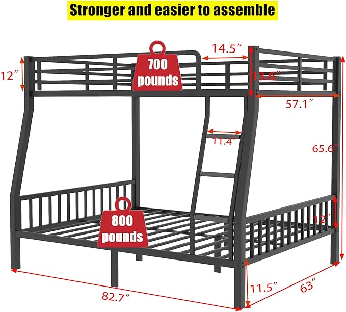 Higher Quality & Stronger Metal Full XL Over Queen Bunk Bed, Thickened Heavy Duty More Stable Safer Black Steel Bunkbed Bunk Queen Bed (Easier to Assemble) (Full XL Over Queen)