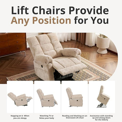 Oversized Power Lift Recliner Chair for Elderly, Electric Lift Chair with Masssage and Heat, Overstuffed Power Recliner for Adults, 3 Positions,USB Ports, Side Pockets,Beige