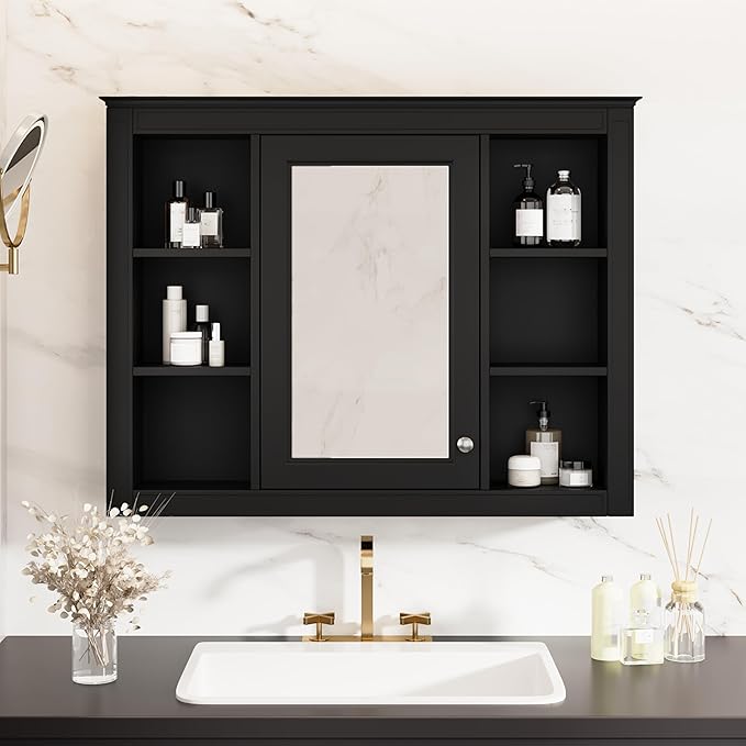 Bathroom Wall Cabinet with Mirror, 35'' x 27.5'' Medicine Cabinet with Mirror Door and Adjustable Shelves, Over Toilet Storage Cabinet, Wall-Mounted Bathroom Mirrors for Over Sink with Storage