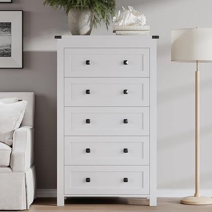 Tall 5-Drawer Dresser, Modern Wooden Storage Chest of Drawers, Dresser TV Stand, Wood Drawer Organizer with Metal Handles for Bedroom, Living Room, Hallway