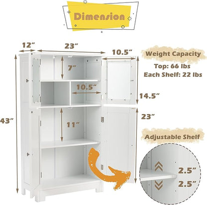 LOKO Bathroom Floor Cabinet, Storage Cabinet with Glass Doors, Wooden Kitchen Cupboard with Adjustable Shelf, Versatile Floor Storage Cabinet for Bathroom, Living Room & Kitchen (White)