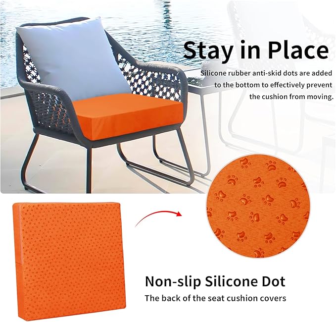 Easy-Going Waterproof Patio Cushion Covers 22x22x4 inch 2 Pack Replacement Non-Slip Outdoor Seat Cushion Slipcover with Zipper. Orange